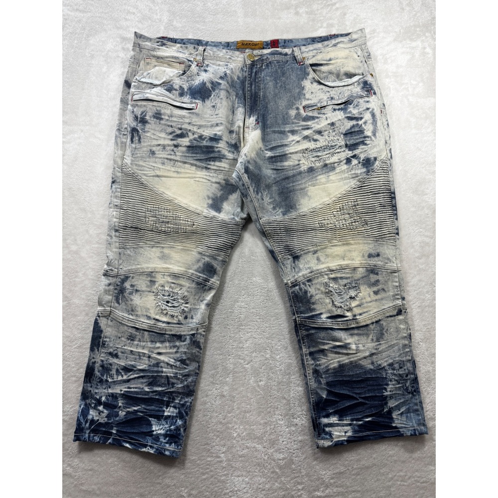 Makobi Mens Moto Acid Wash Distressed Blue Jeans 48x34 Meas: 48x28